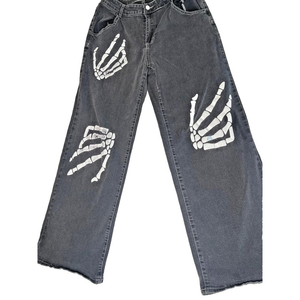 Jeans Wide Leg Hot Topic Skeleton Hand Black Denim SZ Large Goth Emo Skater Y2K